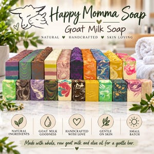 May include: A collection of rectangular goat milk soap bars arranged in two rows. The bars feature various colors and swirl patterns, including purple, green, brown, orange, yellow, and pink. Text reads Happy Momma Soap Goat Milk Soap.