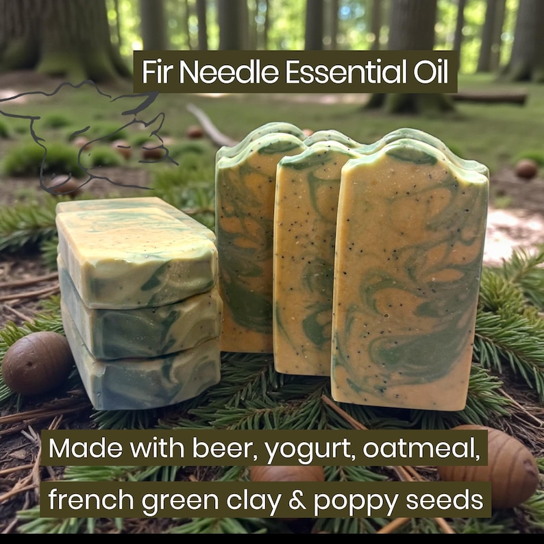 May include: Rectangular bars of soap with a marbled yellow and green pattern, speckled with poppy seeds. The text reads: Fir Needle Essential Oil. Made with beer, yogurt, oatmeal, french green clay & poppy seeds. The soap has a textured top.