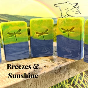 Puede incluir: Pastillas de jab&oacute;n rectangulares con un degradado de amarillo, verde y azul con un dise&ntilde;o de lib&eacute;lula en relieve. El texto Breezes & Sunshine est&aacute; impreso debajo de las pastillas. Un dibujo lineal de dos cabezas de oveja es visible arriba a la derecha.