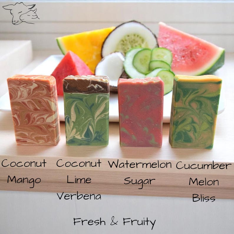 Puede incluir: Cuatro barras de jab&oacute;n rectangulares con patrones jaspeados en naranja, verde, rojo y amarillo. Detr&aacute;s del jab&oacute;n hay rodajas de mango, coco, pepino y sand&iacute;a. El texto dice: Coconut Mango, Coconut Lime Verbena, Watermelon Sugar, Cucumber Melon Bliss, Fresh & Fruity.