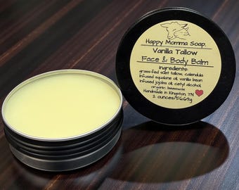 Vanilla Bean Infused Tallow Balm for Face & Body Naturally Scented Made with Calendula Infused Squalene and Jojoba Oil. 3 Sizes