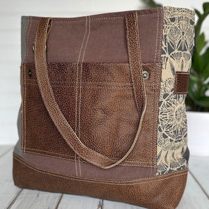 Handmade Floral Canvas and Embossed Leather Tote Bag