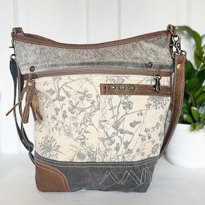 Upcycled Shoulder Bag | Floral Print | Made From Leather, Canvas, Rug, & Hair