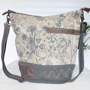 Upcycled Floral Print Vintage Style Canvas and Leather Shoulder Bag