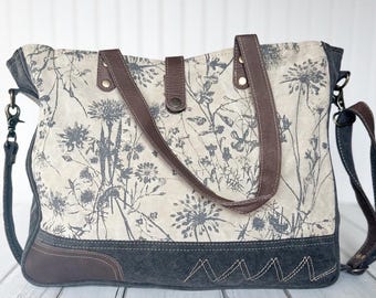 Floral Leather and Upcycled Canvas Messenger Bag Gifts for Her