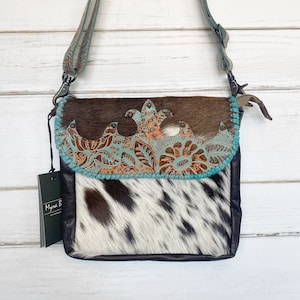 Hand Tooled Genuine Leather and Hair Turquoise Crossbody Bag