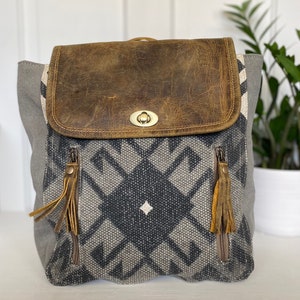 Myra Patterned Upcycled Canvas and Leather Tote Bag
