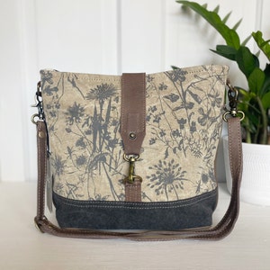 Upcycled Canvas and Leather Floral Print Shoulder Bag