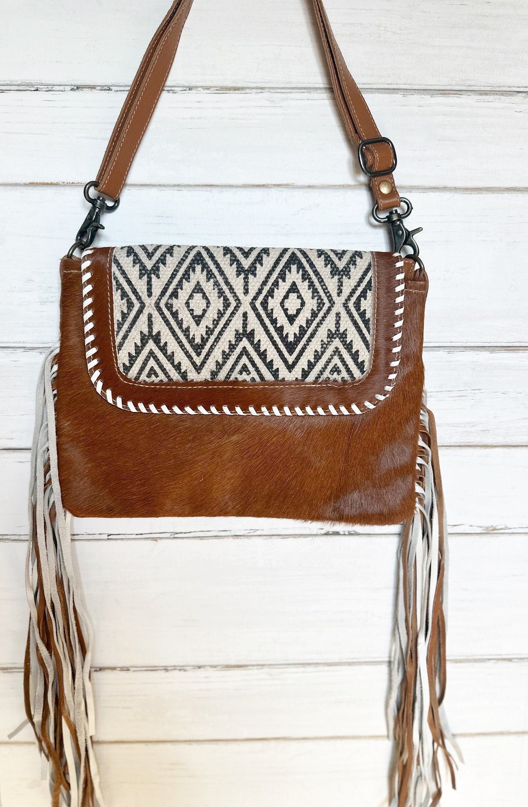 Leather and Hair Western Fringe Bag Aztec Print Free Shipping Etsy