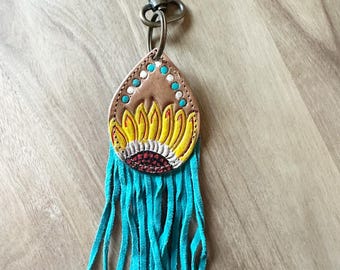 Sunflower Tooled Leather Key Chain Western Style