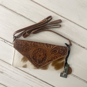 Hand Tooled Leather and Hair Crossbody Wallet