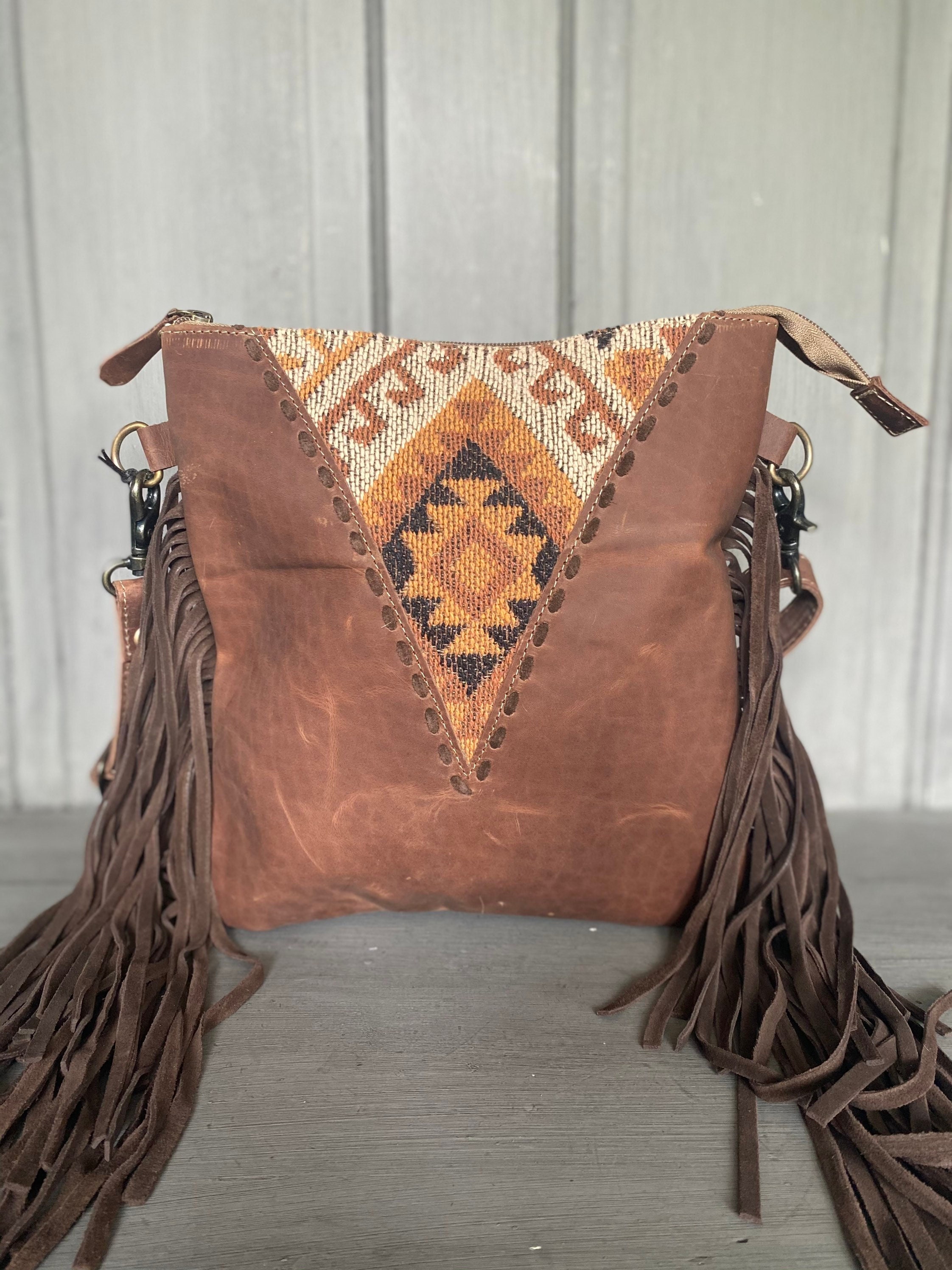 Western Aztec Fringe Leather Purse