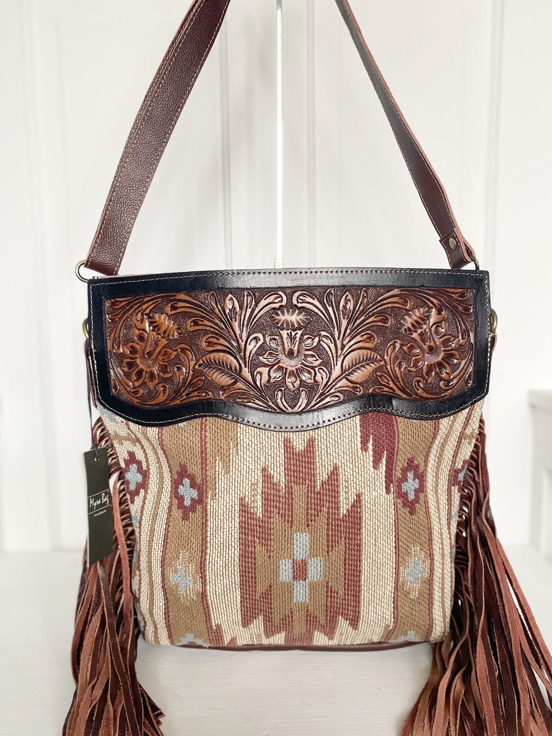 Hand Tooled Western Fringe Bag Genuine Leather Womens Purse Shoulder