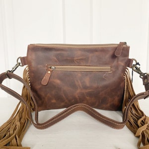 Genuine Tooled Leather Coffee Fringe Crossbody main image 0