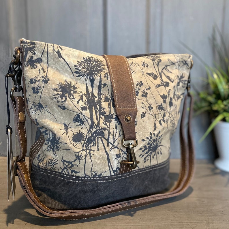 Myra Upcycled Canvas and Leather Floral Print Shoulder Bag Etsy