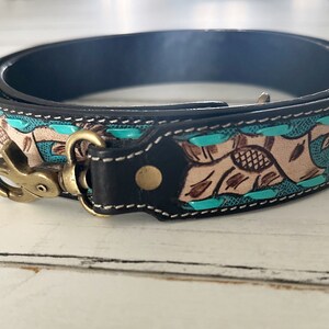 Leather Tooled Handbag Strap With Turquoise Buckstitch