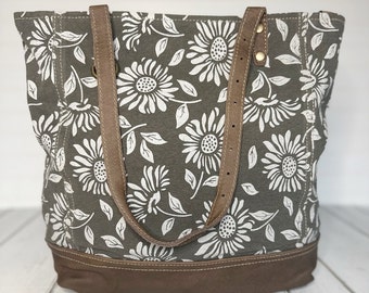 Womens Sunflower Tote Bag | Made from Leather and Upcycled Canvas | Shoulder Bag | Womens Floral Handbag | Gifts for Her | Teacher Gift