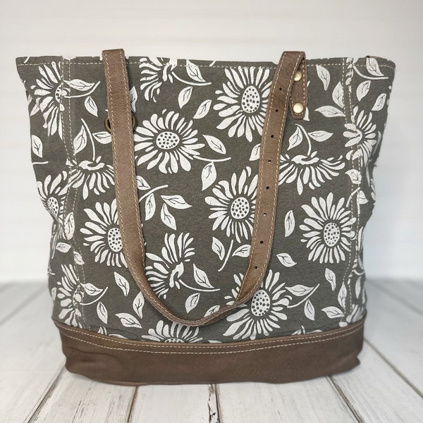 Womens Sunflower Tote Bag | Made from Leather and Upcycled Canvas | Shoulder Bag | Womens Floral Handbag | Gifts for Her | Teacher Gift