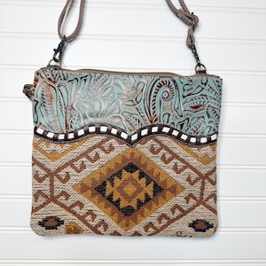 Genuine Embossed Leather and Rug Crossbody Wristlet