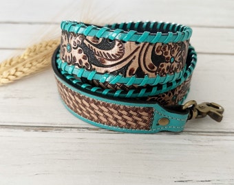 Genuine Leather Tan and Turquoise Handbag Strap