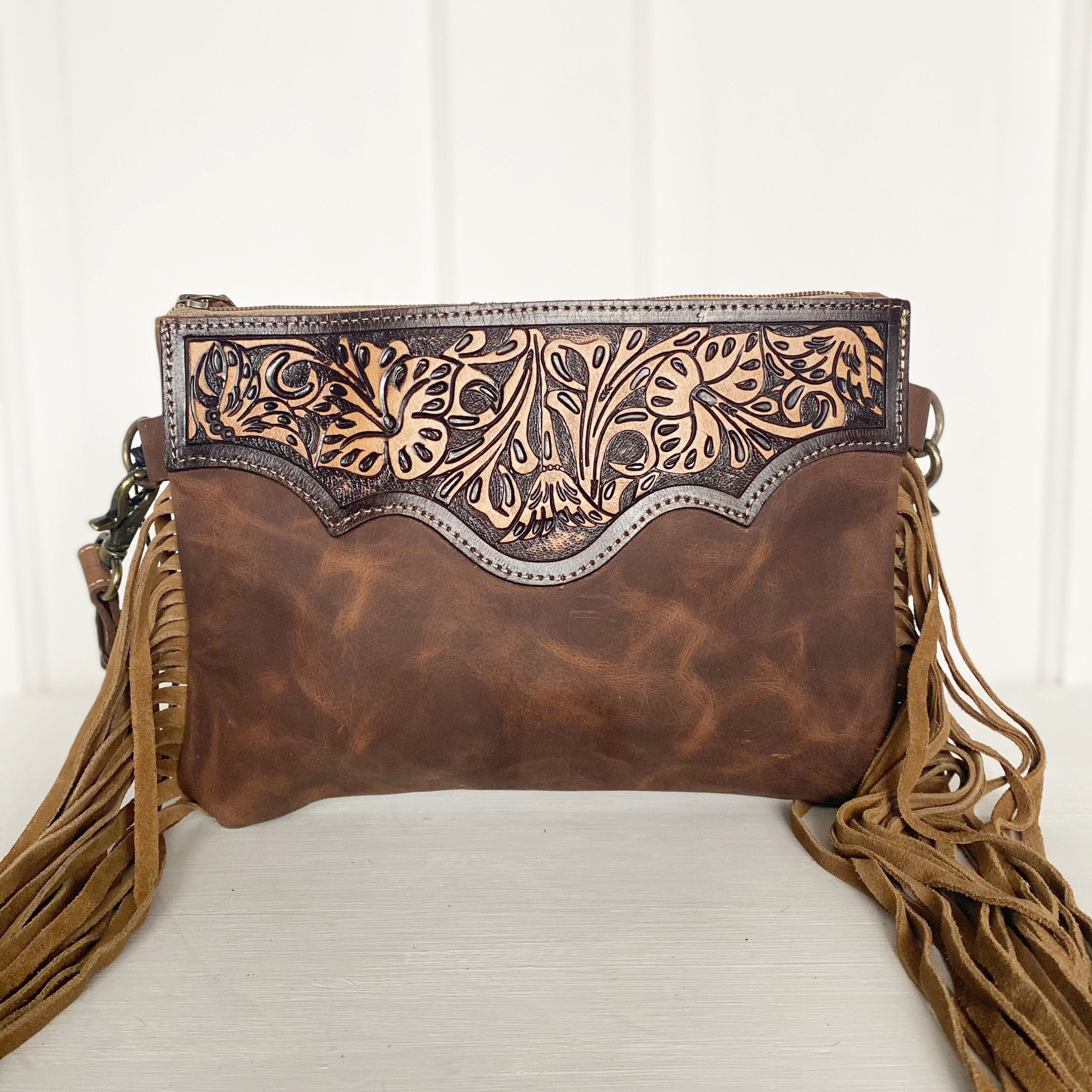 The Arena handtooled leather fringe purse over the shoulder hand