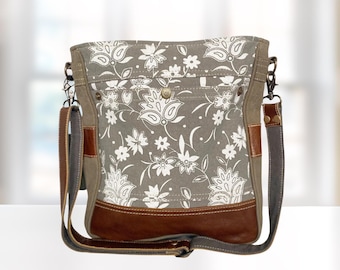 Floral Canvas Shoulder Bag Genuine Leather Strap