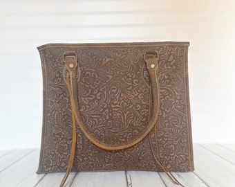 Brown Leather Tote Bag | Western Bag | Womens Tote Bag | Embossed Floral Design