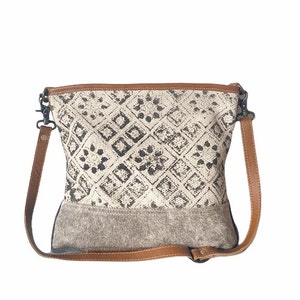 Leather and Canvas Printed Shoulder Bag