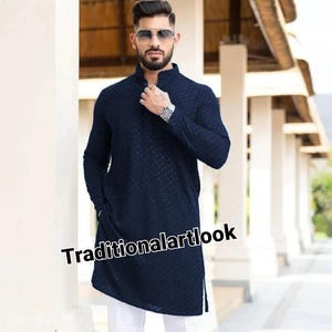 Blue Chikankari Kurta for Men: Traditional Bollywood Style Cotton Kurta