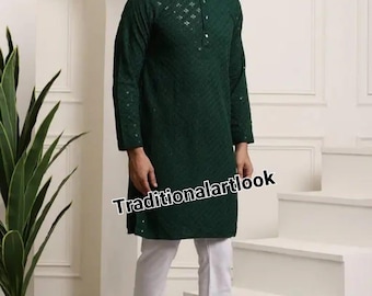 Man Chikankari kurta, Green color Paisley design, Outfit Men's Kurta set,