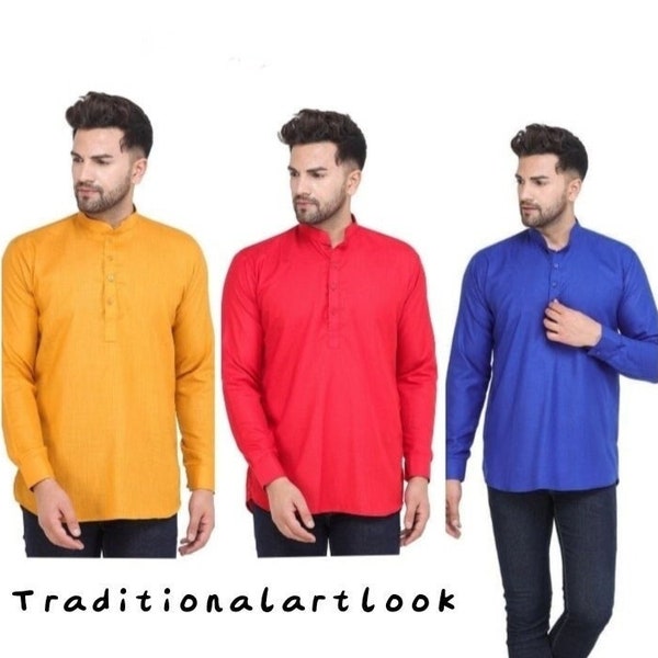 Men's Short kurta, Hand made kurta, Indian kurta, Short Shirt kurta, Wedding kurta, full Sleeve kurta 100%Cotton Comfortable Tshirt kurta,