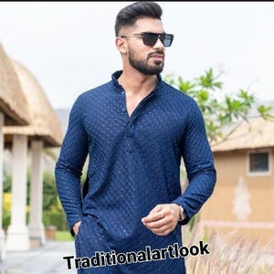 Blue Cotton Chikankari Kurta: Traditional Bollywood Style Floral Design