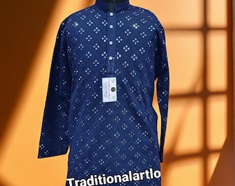 Blue color Mirror Work kurta, Georgette Indian Wedding Outfit, Kurta Pajama set