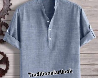 Short Cotton kurta Plain, Casual Tunic Lightweight Indian Shirt, Grey color Half Sleeve