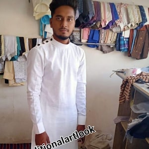 Men&#39;s White Cotton Kurta Pajama Set: Indian Wedding Outfit
