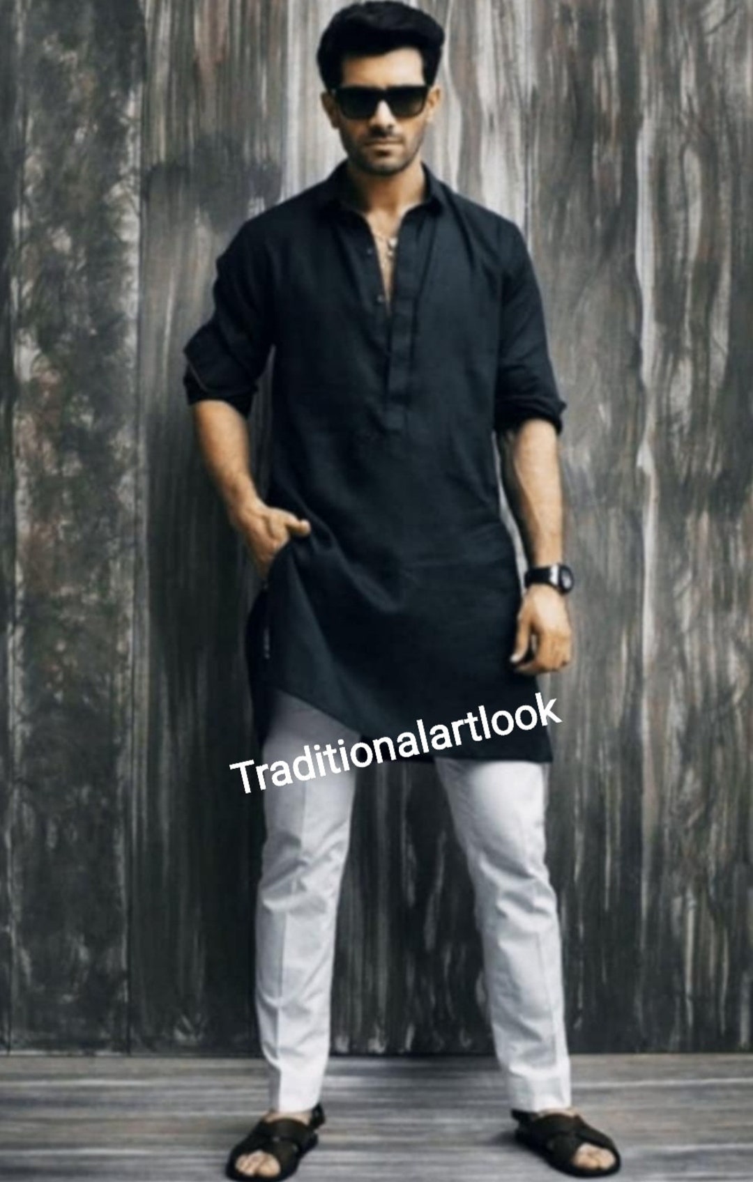 Man Black Color Pathani Kurta, Indian Wedding Outfit Only for Kurta ...