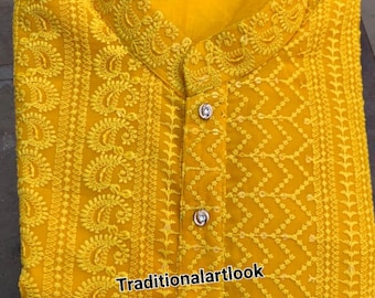 Lucknowi Chikankari kurta with Self Sequence Kurta Pajama Set, Yellow color Wedding Outfit