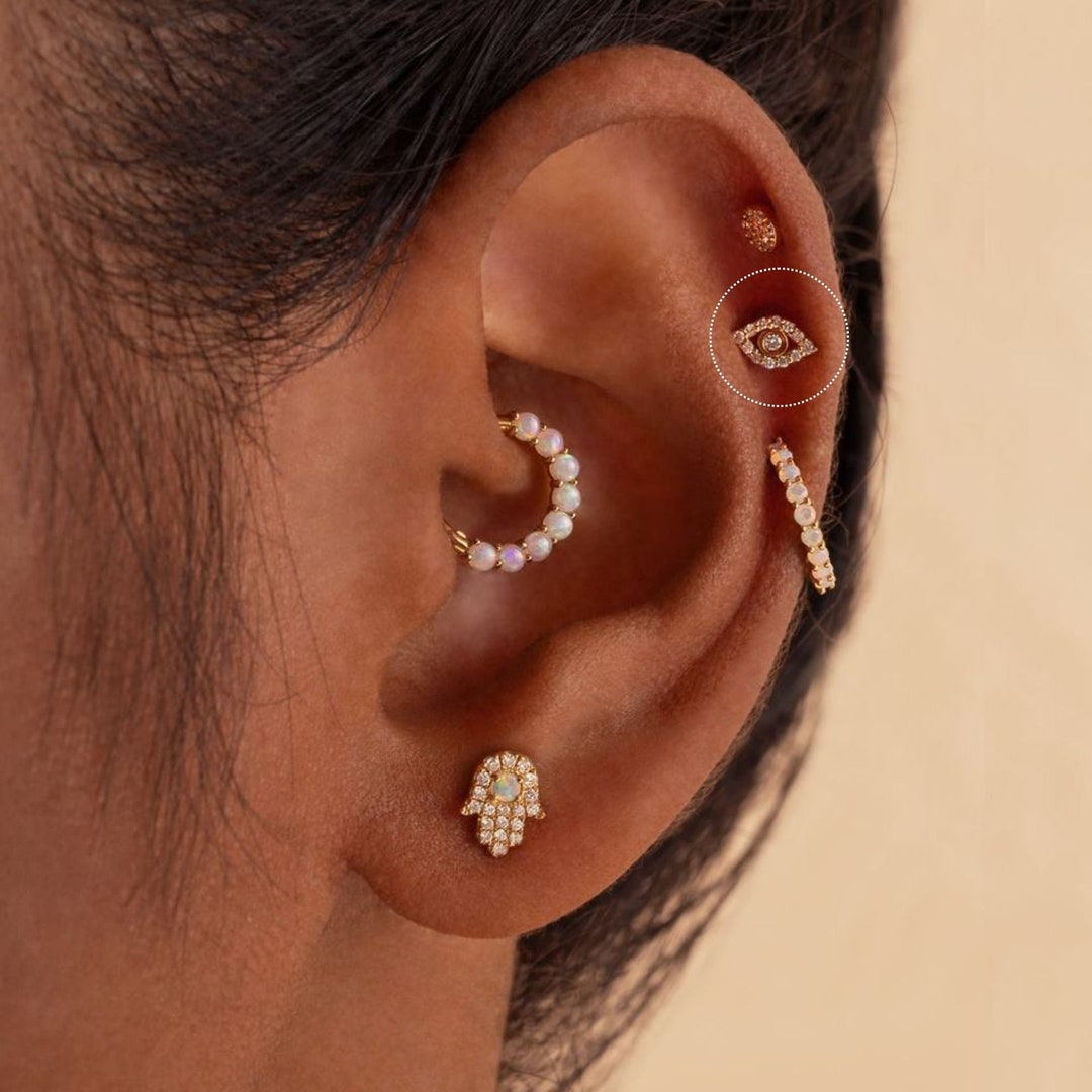 Diamond Evil Eye Stud Earring 14k Gold Diamond Eye Piercing 16 Gauge