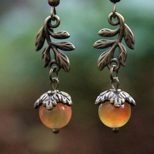 Antique Gold Leaf Branch Earrings | Orange Chalcedony Acorn | Nature-Inspired Jewellery | Woodland | Autumn | Cottagecore | Hobbitcore
