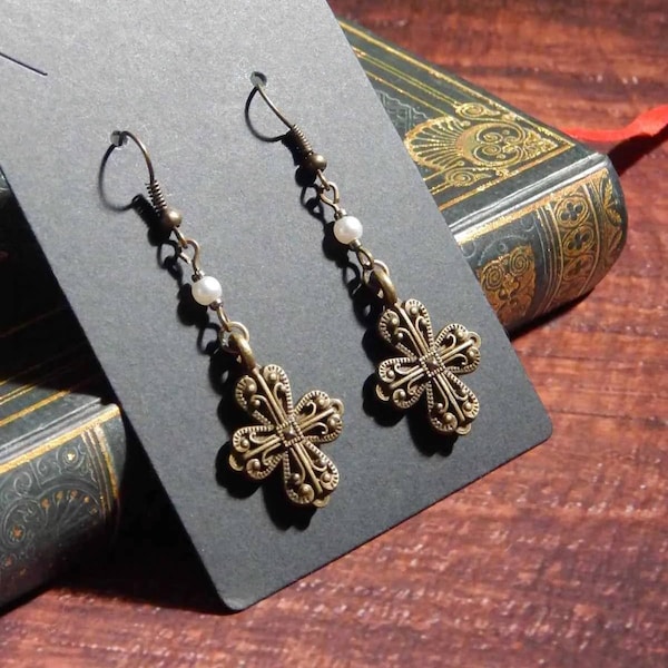 Antique Gold Cross Earrings | History | Gift Idea | Cosplay Accessories | History-inspired | Fantasy | Vintage | Regency | Tudor | Academia