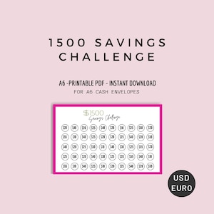 A6 1500 Savings Challenge, A6 1500 Savings Binder Insert, A6 Cash Envelope System, 1500 Sinking Fund, Dollar, Euro, PDF
