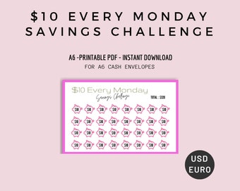 May include: Printable A6 sheet with pink piggy banks and the text "£10 Every Monday Savings Challenge" and "TOTAL: £320".