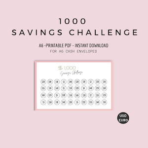 May include: Printable A6 savings challenge chart with a pink background. The chart is divided into 36 circles, each with a pound sterling amount ranging from £2 to £55. The chart is titled "£1,000 Savings Challenge".
