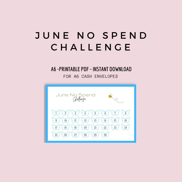 June No Spend Challenge Tracker Digital, A6 Savings Binder Insert, A6 Cash Envelope System, Sinking Fund, Dollar, Euro, PDF