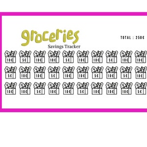 May include: A savings tracker with a pink border and the word "Groceries" in yellow script. The tracker features rows of grocery bag illustrations, each labeled with amounts like "5&euro;" and "10&euro;", totaling 250&euro;.