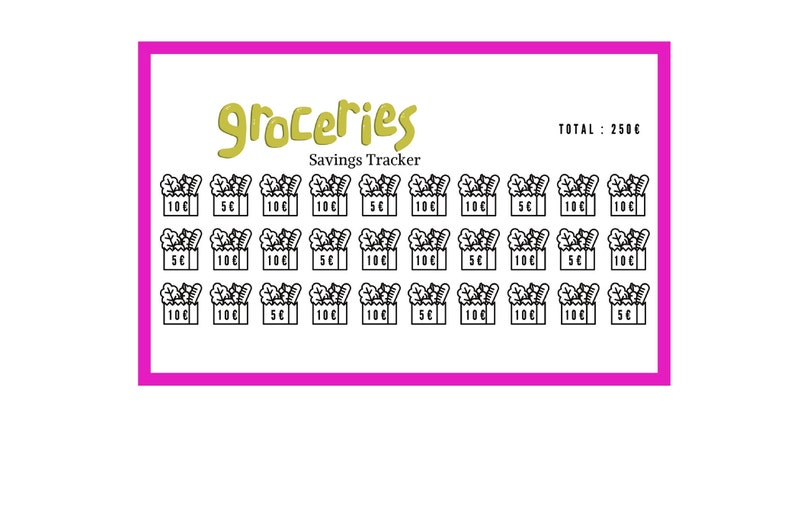 May include: A savings tracker with a pink border and the word "Groceries" in yellow script. The tracker features rows of grocery bag illustrations, each labeled with amounts like "5&euro;" and "10&euro;", totaling 250&euro;.