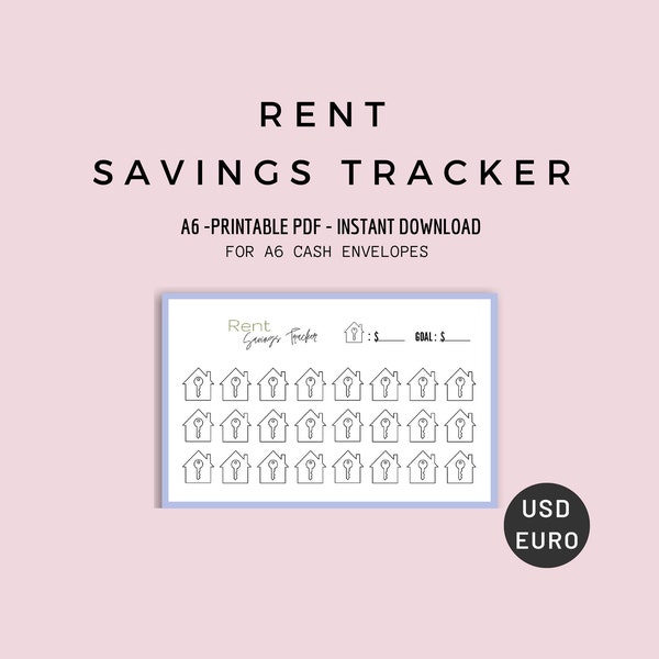 A6 Rent Savings Tracker, A6 Savings Binder Insert, A6 Cash Envelope System, Sinking Fund, Dollar, Euro, PDF