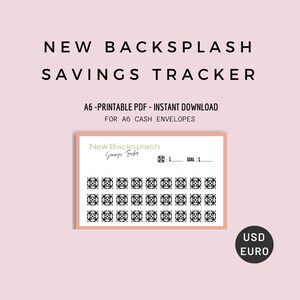 May include: A printable A6 savings tracker with a black and white geometric pattern. The tracker has a space to write in a goal amount and a section to track savings. The text "New Backsplash Savings Tracker" is at the top of the page. The text "USD EURO" is at the bottom of the page.