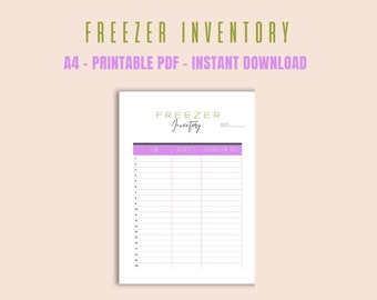 May include: A white printable freezer inventory sheet with a lavender header and columns. The text "FREEZER INVENTORY" is in green, and "A4 - PRINTABLE PDF - INSTANT DOWNLOAD" is in purple. The sheet includes sections for item, quantity, and expiration date.