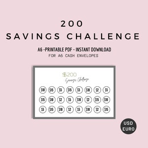 A6 200 Savings Challenge, A6 200 Savings Binder Insert, A6 Cash Envelope System, 200 Sinking Fund, Dollar, Euro, PDF
